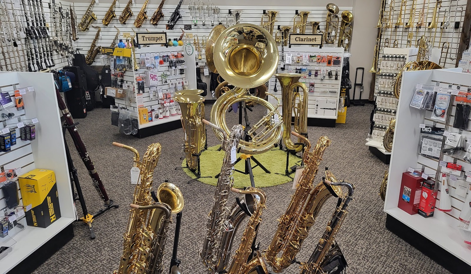 Brass and woodwind instruments inside Rocky Mountain Music Repair